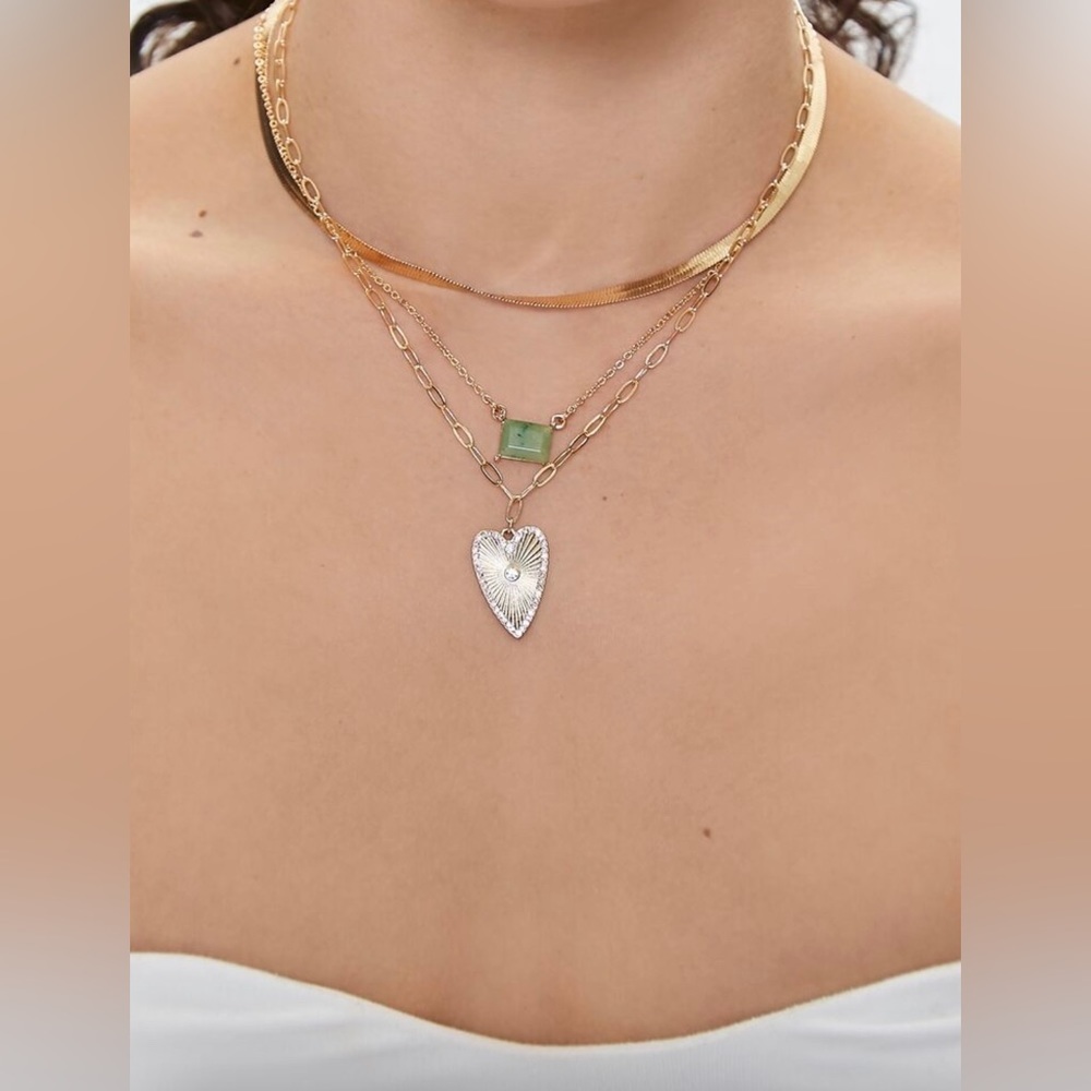 Forever 21, Multi Layered Necklace, Faux Gem Accents, 3 In 1, Golden